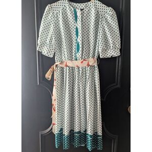 VTG 1980's Whirlaway Frocks Polka Dot Midi‎ Day Dress Belted Puff Sleeve Sz 6P